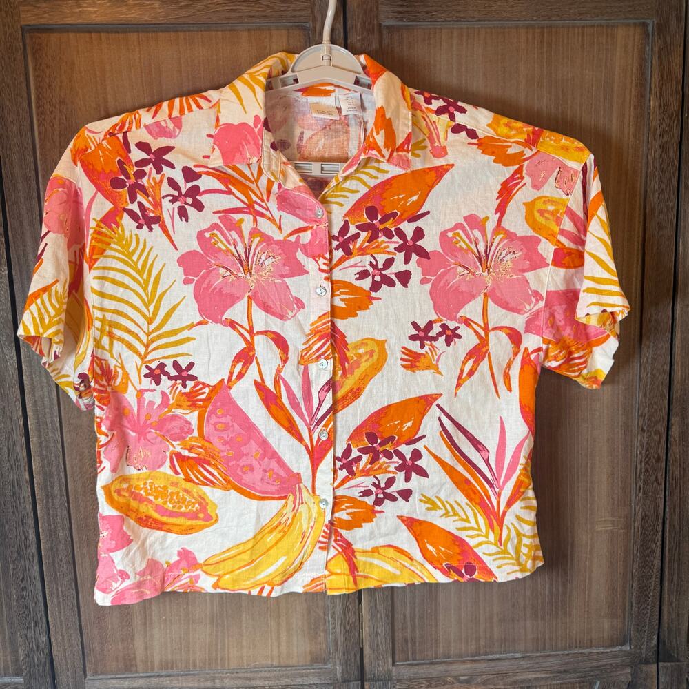 NWT C&C California Tropical Floral Linen Blend Camp Shirt Womens Large - Picture 2 of 8